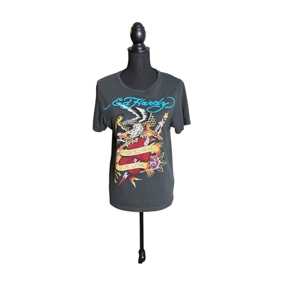 Ed Hardy Women's Rhinestone Eagle Dagger Charcoal Tee Shirt Size S - Picture 1 of 10